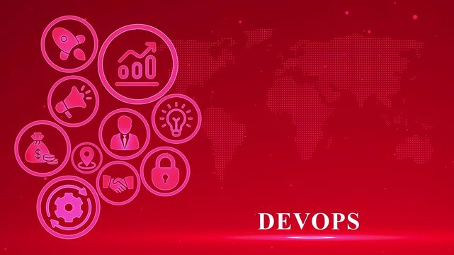 Dev Ops concept with global map and icons representing startup growth finance and security