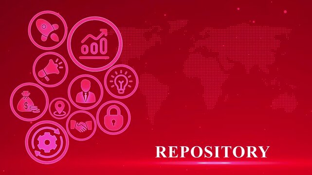 Repository concept with global map and icons representing startup growth finance and security