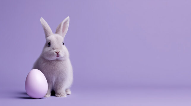 White baby rabbit sitting next to pastel egg on soft purple background with copy space representing easter symbolism spring innocence and holy week