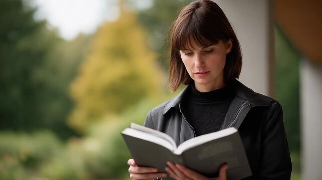 Woman browsing a book and reading quietly outdoors near home with soft natural light and calm thoughtful mood