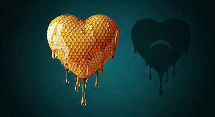 Heart shaped honeycomb drips golden liquid against teal. Shadow heart shows a sad expression, symbolizing sweetness turned to sorrow, Valentine's Day