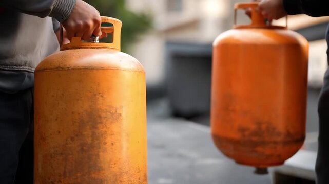 People interacting with natural gas or LPG gas bottles during installation or replacement, realistic scene expressing energy access, safety responsibility, and practical fuel use. cinematic color