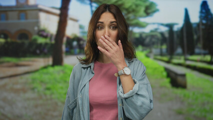 Fototapeta premium Young hispanic woman in a park expresses surprise and curiosity while enjoying a sunny outdoor setting, wearing casual attire and standing against a blurred green background.