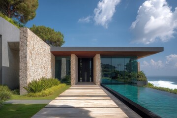 Modern house by the sea with large glass windows, stone walls, and a swimming pool, located in a coastal area surrounded by trees and ocean views during sunny weather