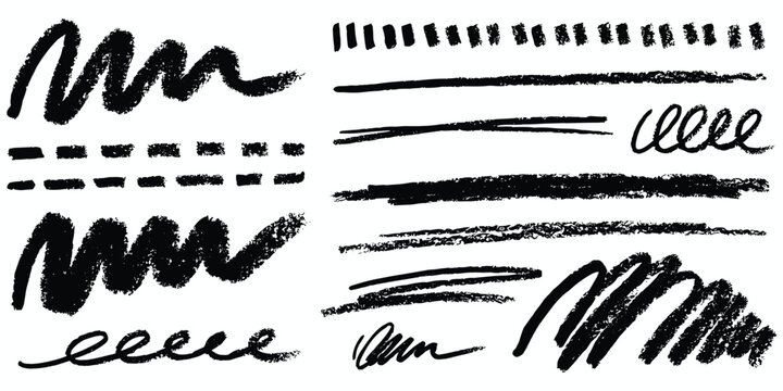 Black crayon scribbles and dashed lines on a white background Keywords: crayon, scribble, hand drawn, texture, artistic, graphic