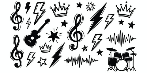 Black hand-drawn music and rock and roll icons on white background abstract badge © Rasel