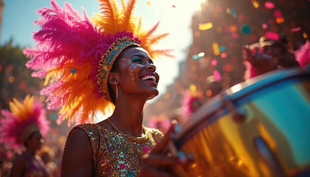Woman in colorful carnival costume with feathers smiles joyfully. She plays drum during street parade with confetti falling. Celebration with music and dancing.