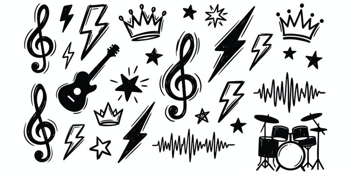 Black hand-drawn music and rock and roll icons on white background abstract badge