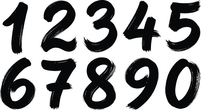 Black hand-painted numbers one to zero with brush stroke texture Keywords: number, digit, one, two, three, four, five, six
