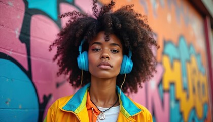 Fototapeta premium Young Black woman with curly hair wears bright headphones and jacket against graffiti wall. She listens music with confident expression, enjoying urban street style and vibrant colors.