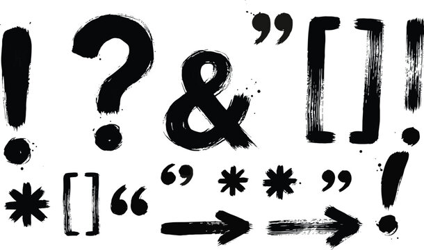 Bold black brush stroke punctuation marks and symbols including exclamation, question, ampersand, and quotes