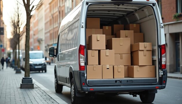 White delivery van with open back door loaded with cardboard packages on city street. Another van and pedestrians on sidewalk nearby. Boxes ready for transport and delivery.