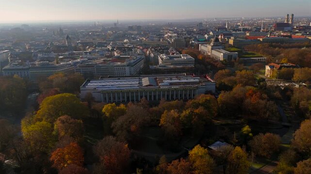 Haus der Kunst, House of Art is museum for modern and contemporary art in Munich, Bavaria, Germany aerial view in autumn sunny weather. located at Prinzregentenstrasse at Englischer Garten. 