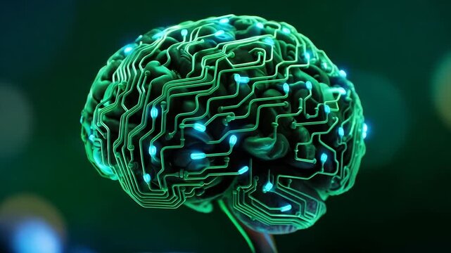 Glowing green circuit board brain on a stem with blurred background lights, symbolizing technology and innovation