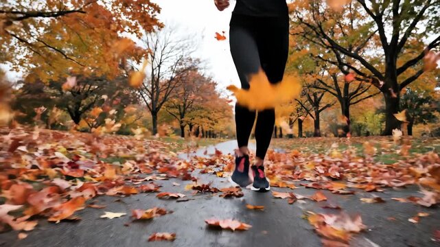 Embrace the beauty of fall as a runner sprints along a pathway blanketed in vibrant leaves. Sunlight filters through the trees, creating a magical atmosphere.
