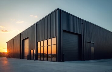 Fototapeta premium Modern industrial warehouse exterior with black metal facade at sunset. Large building has roller doors and windows reflecting warm orange sky. Concrete apron outside.