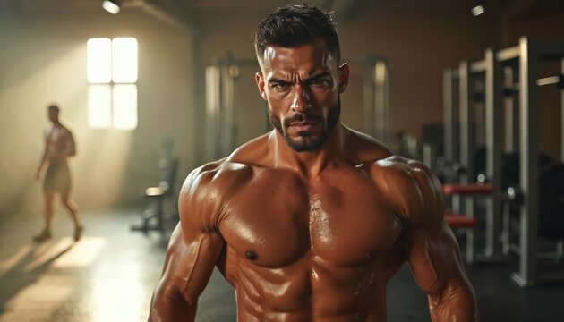 Muscular sweaty man with intense gaze in gym. Shirtless bodybuilder with defined abs and chest. Athlete works out hard. Powerful male physique.
