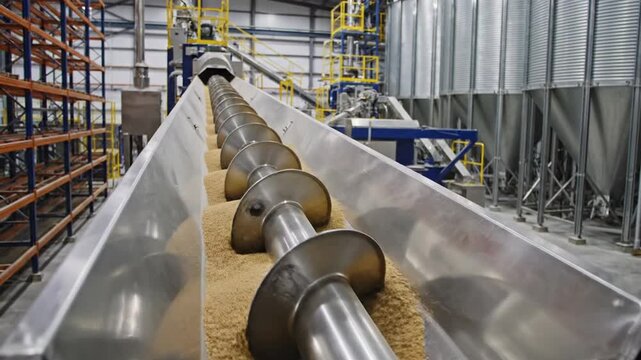 Industrial conveyor belt transporting grain in a warehouse with shelving and machinery