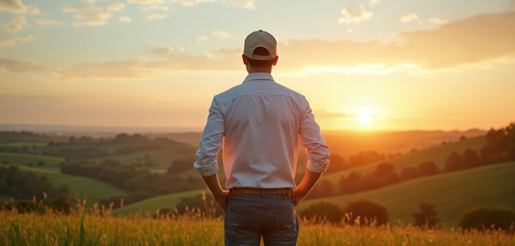 Man in baseball cap looks at golden sunset over rolling hills. Farmer surveys countryside fields at dusk. Calm rural landscape, warm sun glow, agricultural panorama.
