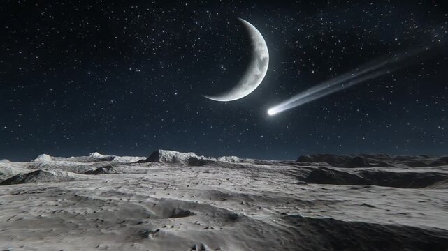 Lunar Surface Landscape with Crescent Moon and Meteor in Starry Night Sky