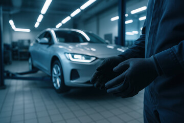 Car Mechanic at Work: A car mechanic, poised with focused intent, stands ready to diagnose the complexities of an elevated vehicle within a modern automotive service bay.