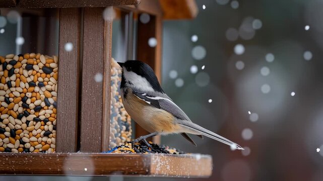 Small chickadee bird flying near a wooden feeder during snowfall, capturing winter wildlife in a peaceful natural garden scene