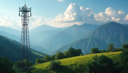 Obraz premium Tall communication tower stands on grassy hill against blue hazy mountains. Clear sky with white clouds above. Signal transmission equipment dots landscape.