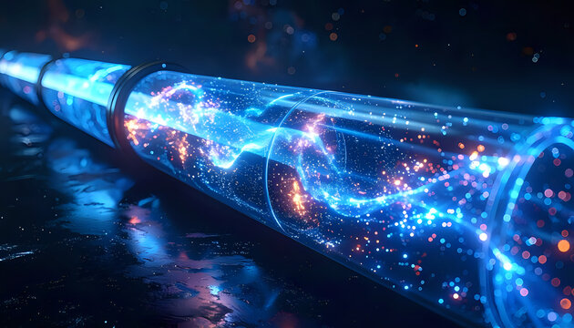 Blue and orange glowing energy particles flowing through a transparent glass pipeline, abstract data transfer concept, fiber optic communication