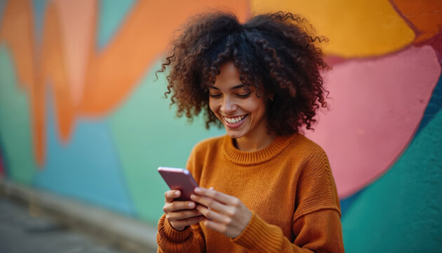 Young Black woman smiles while looking at her phone. She wears an orange sweater with a colorful graffiti wall behind her. She holds phone with two hands outdoors.