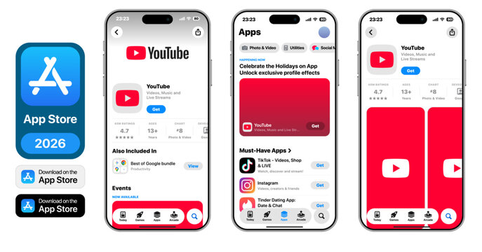YouTube 2026 App Store Download Page UI Mockup on iPhone Screen, Ratings and Reviews, Install Button, App Preview Carousel, Subscription Info, Modern iOS Marketplace Listing, vector illustration.