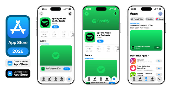 Spotify music player App Store download page UI with featured header preview screenshots ratings reviews update notes subscription details install button and modern iOS marketplace browsing experience