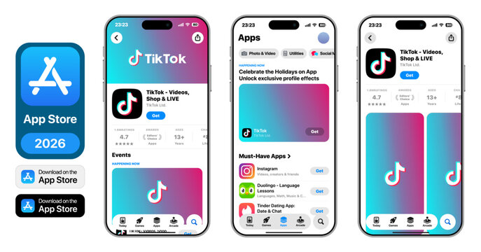TikTok 2026 App Store showcase mockup presenting featured iOS app page with download action ratings preview screens highlights and iPhone display in a refined modern listing layout