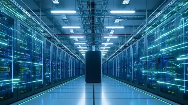 Futuristic Server Room with Blue Neon Lights and Data Flow.
