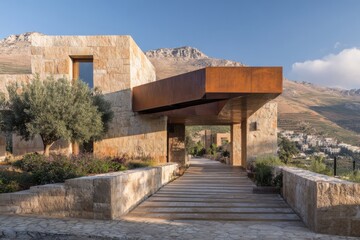 Fototapeta premium Modern architecture stands in a natural setting near mountains in Lebanon during the early evening light, showcasing the blend of stone and metal elements in the building