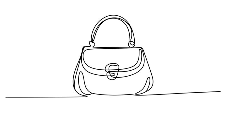 A minimalist continuous line art drawing of a classic handbag on a clean white background