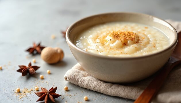 Creamy tapioca pudding in bowl, topped with nutmeg spice. Served with star anise pods and whole nutmeg on table. Warm dessert comfort food is ready.