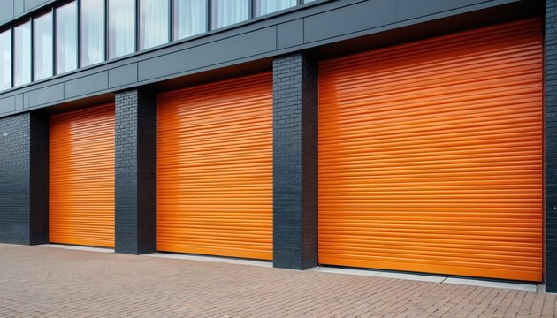 Three orange metal roller doors stand on a brick building exterior. These security shutters provide a modern urban industrial look. The corrugated texture adds a unique visual detail.
