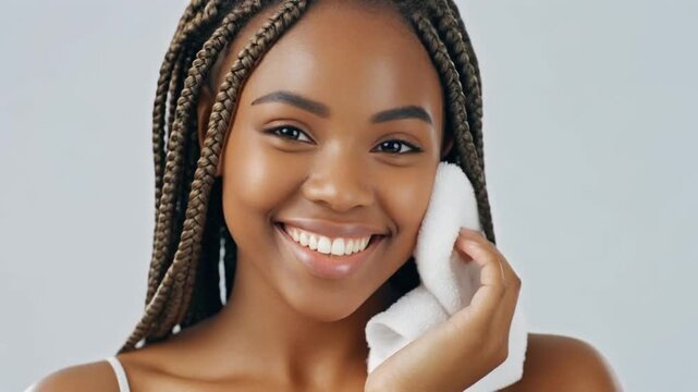 Woman with braids smiling while on phone call, indoors against grey background, with a clean complexion