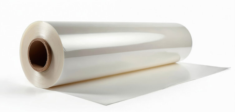 Clear plastic stretch wrap on cardboard tube. Transparent film roll for securing packages. Protects items during transport, storage. Versatile packaging material for various goods. Ready for shipping