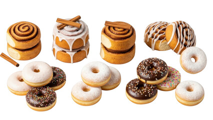 Fototapeta premium A delightful assortment of sweet cinnamon rolls and colorful donuts isolated on transparent background