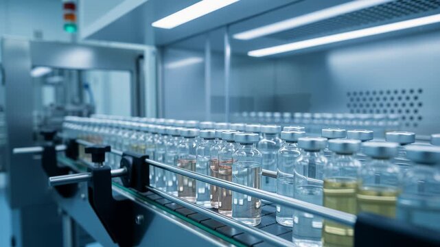 Batch Processing Conveyor Featuring Assorted Colored Liquids In Glass Containers