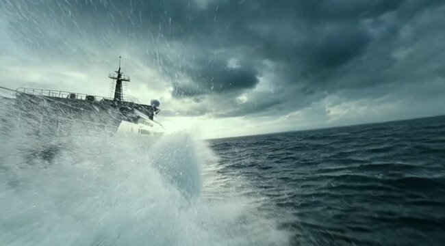 Stormy sea with waves crashing against boat under dark clouds  