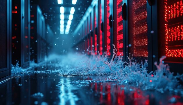 Water floods server room. Cascading liquid damages computer hardware and data center systems. Emergency creates technology risk and network outage. Disaster causes electronic equipment failure.