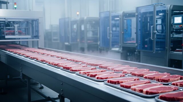 Conveyor Moving Trays Of Cold Meat Under Fog In Packaging Facility