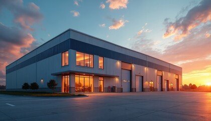 Fototapeta premium Large industrial warehouse exterior at golden hour sunset. Reflective windows show warm orange sky. Modern corrugated metal building with loading bay doors and outdoor lighting.