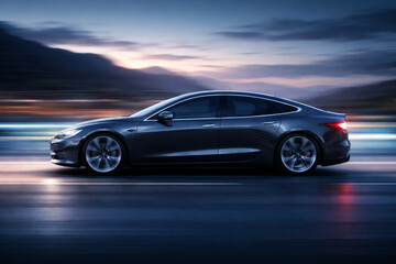 Naklejka premium Sleek electric car driving fast on an open road at dusk