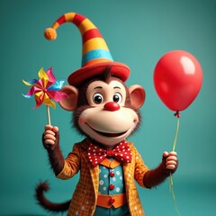 Naklejka premium Monkey dressed as clown wears party hat holding red balloon and colorful pinwheel toy. Cheerful primate smiles in costume with polka dot bowtie and checkered jacket.