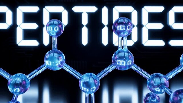 Peptides are showcased in a futuristic digital style with a molecular structure highlighted in neon light. A modern approach to biohacking and longevity trends. Video made using Generative AI.