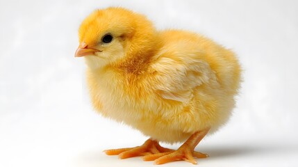 Obraz premium Yellow chick standing on a white background, showcasing its fluffy feathers and small size, with a focus on its round body and bright eyes