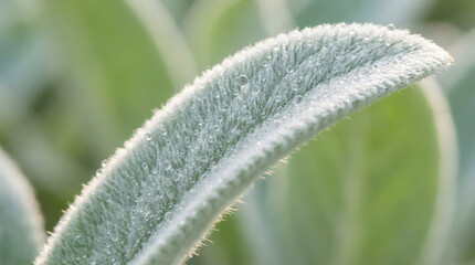 Fuzzy Lamb's Ear leaf with trapped dew droplets